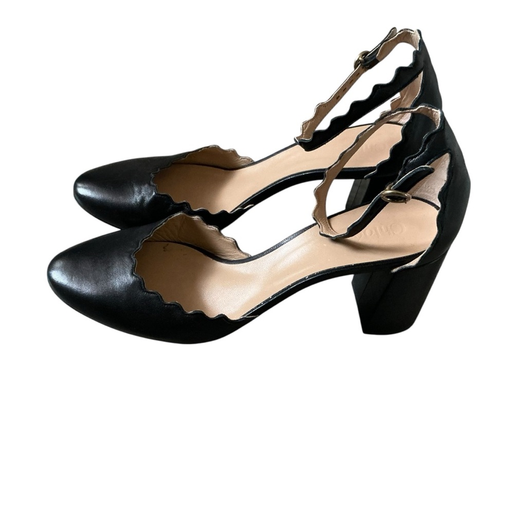 Chloe “Lauren” scalloped black leather block heels Pristine condition pumps 40.5